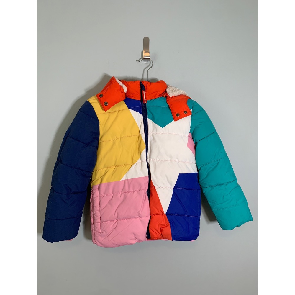 Boden Star Colorblock Puffer Jacket Girls 7-8Y Multi-Color Sherpa Lined Hood - Picture 2 of 13
